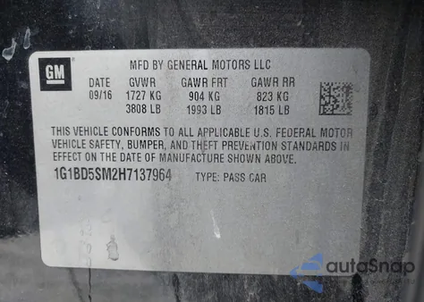 2017 Chevrolet Cruze Lt Manual from USA, damaged, VIN 1G1BD5SM2H7137964